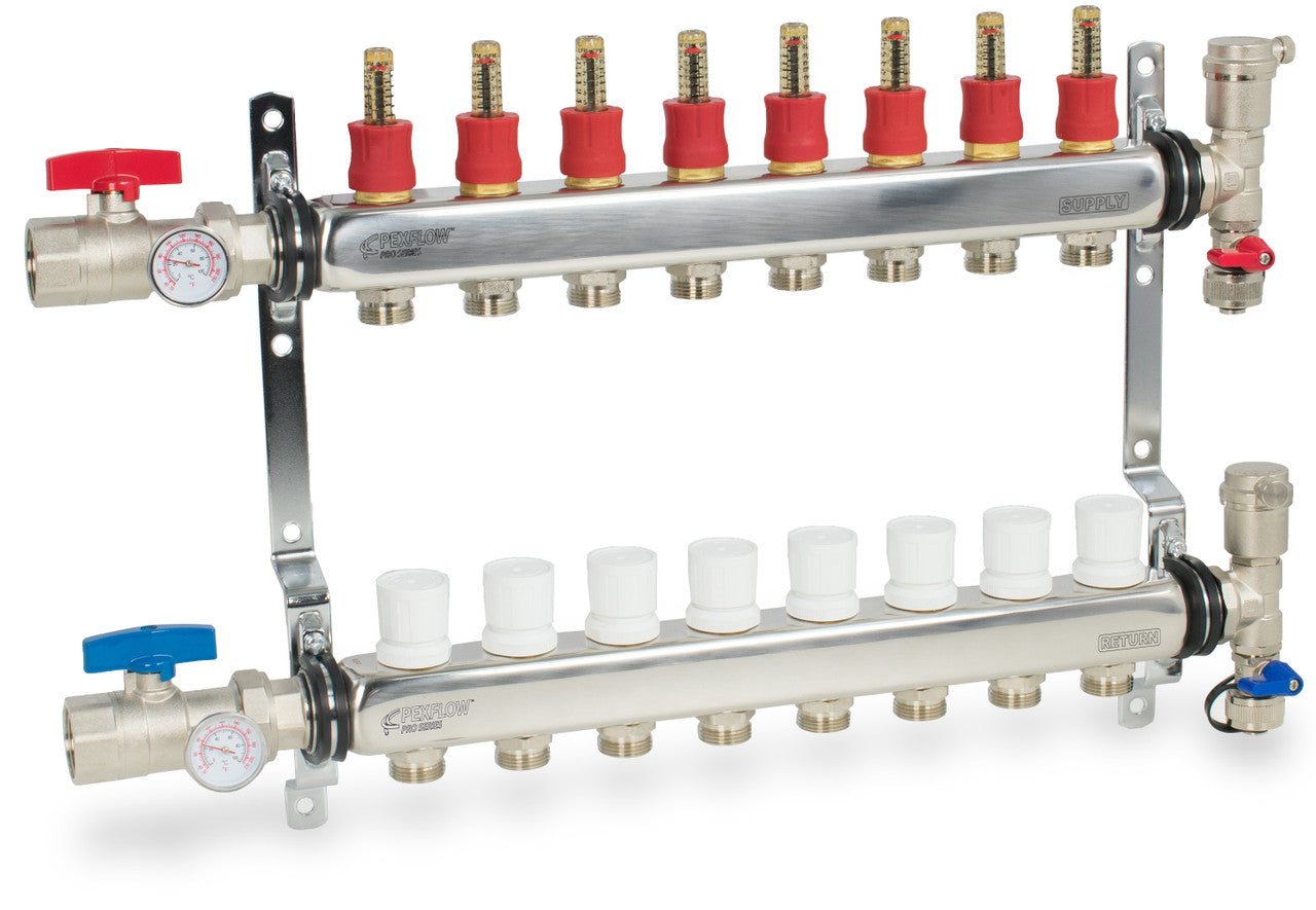 Stainless Steel Radiant Heat Manifold Set w/ 1/2" PEX adapters