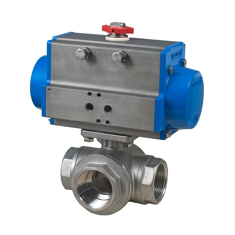 3 Way Direct Mount T-Ported Stainless NPT Ball Valve Double Acting Pneumatic Actuator Bonomi 8P0139